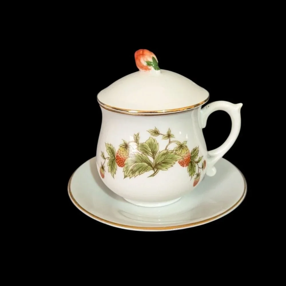 Shafford Fine Porcelain‎  Jam/Jelly Jar With Lid  Saucer Strawberry Design